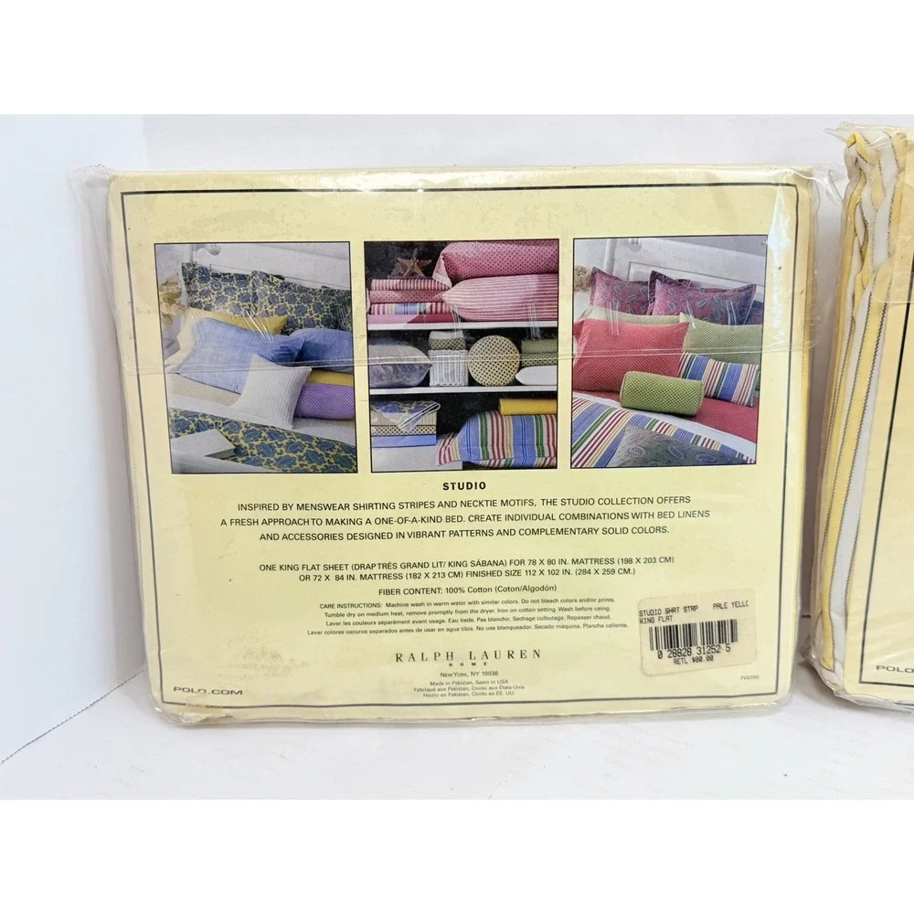 Vintage Ralph Lauren Studio King Sheet Set Yellow Stripe Flat Fitted Cotton NOS